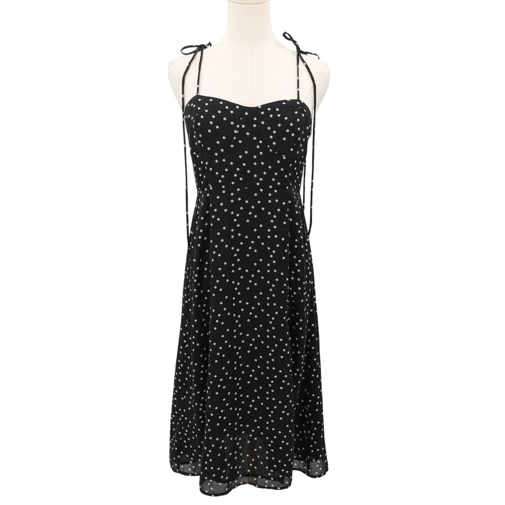 Forever 21 Y2K Black‎ White Polka Dot Tie Strap Midi Dress 2000s Sz M whimsigoth